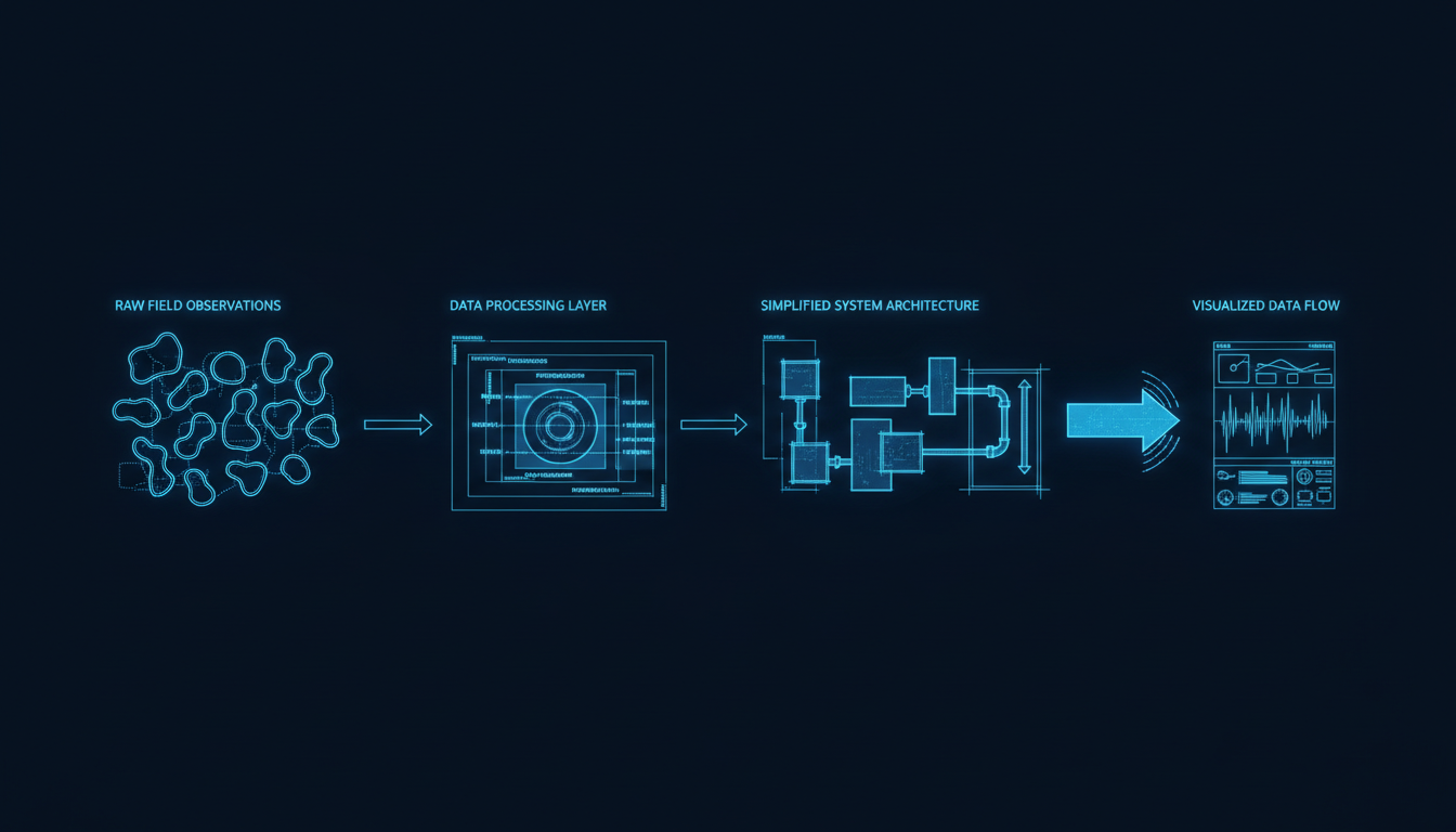 A dark schematic of the rebuilt research pipeline, from questionnaire logic through to reporting