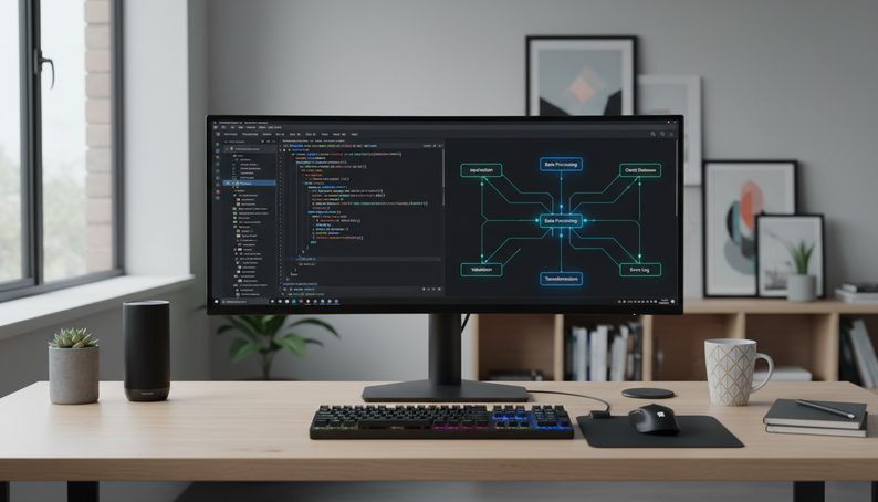 A developer workstation with code on a widescreen monitor