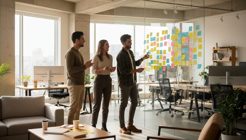Three people mapping sticky notes across a studio wall